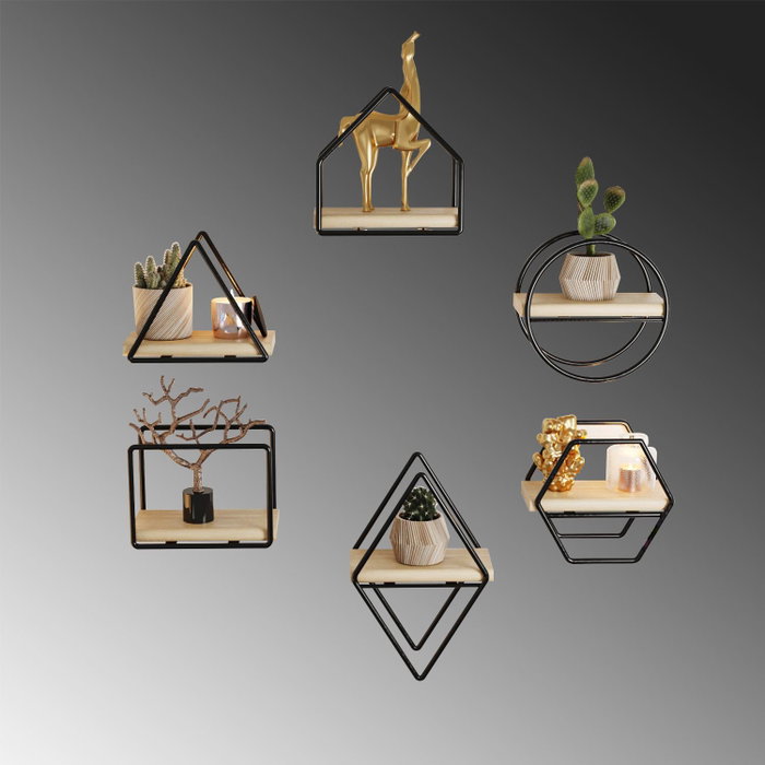 Hanah Home Set de 6 Estantes de Pared de Madera Maciza, Oro y Negro